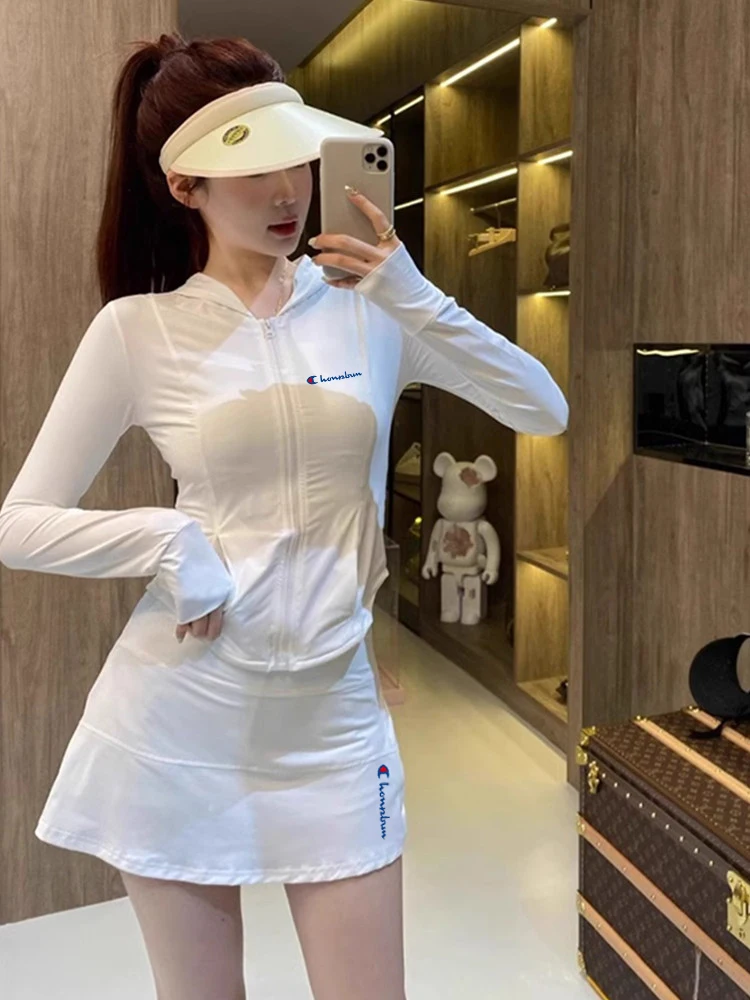 

Spor женский комплект из двух предметов, летняя тонкая одежда для фитнеса, солнцезащитная одежда для йоги, юбка, топ, хлопок, длинная молния