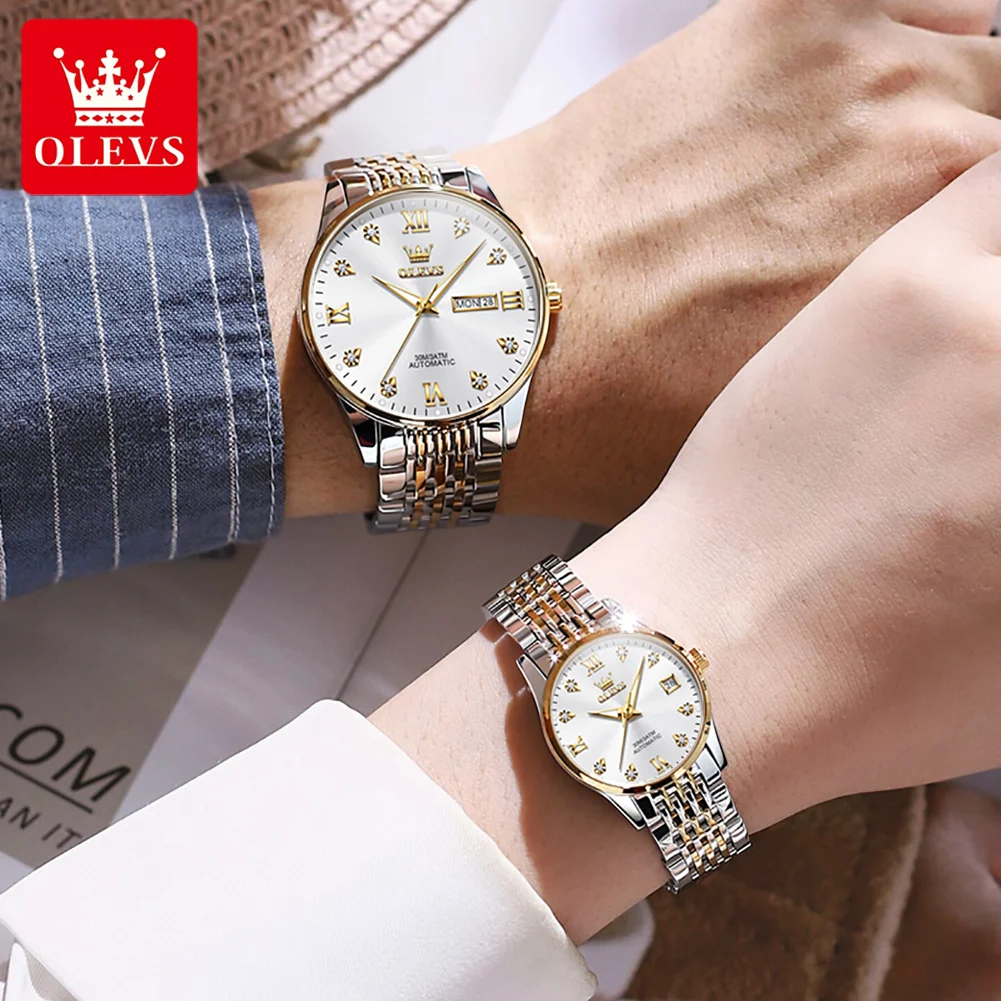 OLEVS Fashion Couple Mechanical Watches for Men and Women Stainless Steel Wrist Watch Waterproof Luminous Hands Valentine Gift