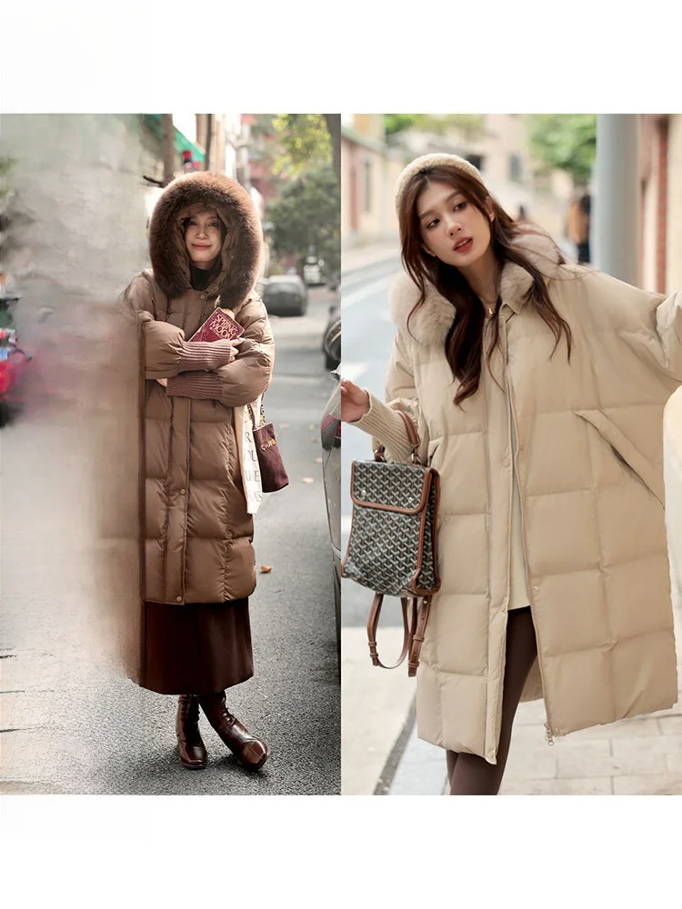 

Padded Jacket Women's Knitted Splicing down Coat Female Stylish Slim Fit Long Sleeve Zipper Closure mid Length Hooded Coat