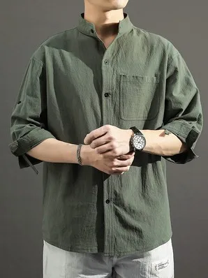 

Men's Casual Pure Color Stand Collar irt ort Sve Polyester Fiber Youth Sle Autumn Season Wear Daily Scene irt