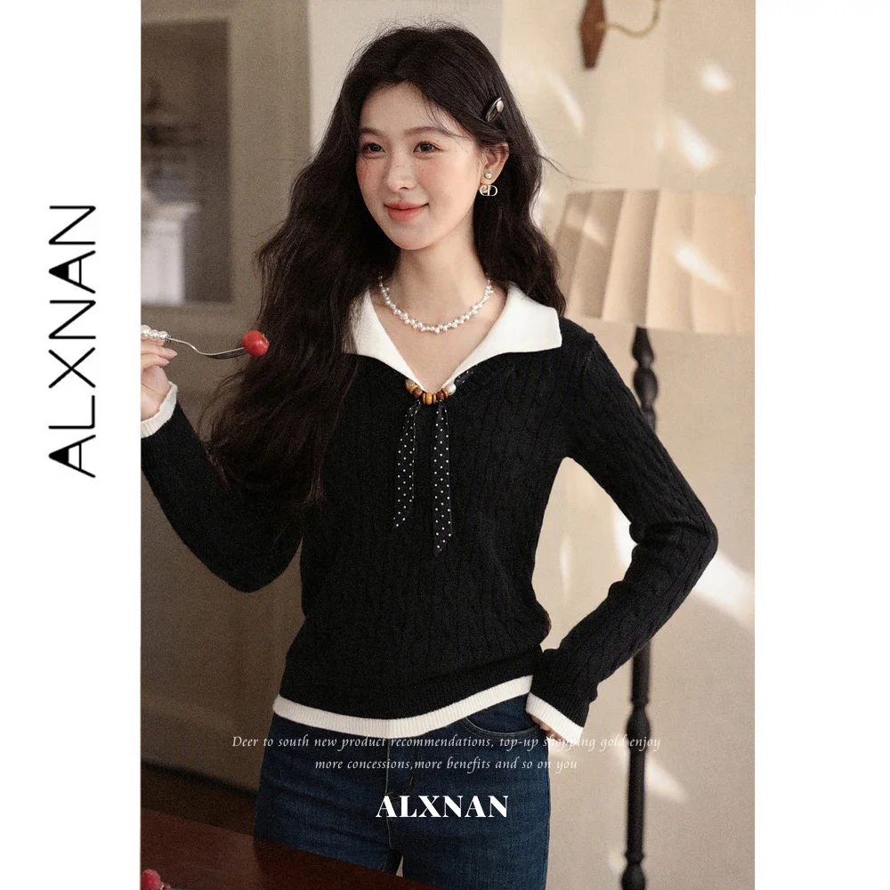 ALXNAN Fake Two Piece Black Sweater Women Turn Down Collar Color Block Hem Wooden Bead Decoration Long Sleeve Pullover L67971A