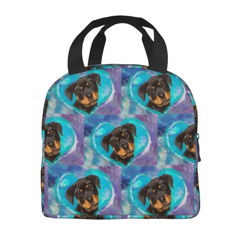 Adorable Heart Rottweiler Puppy Portable Lunch Boxes for Multifunction Dog Cooler Thermal Food Insulated Lunch Bag Kids School