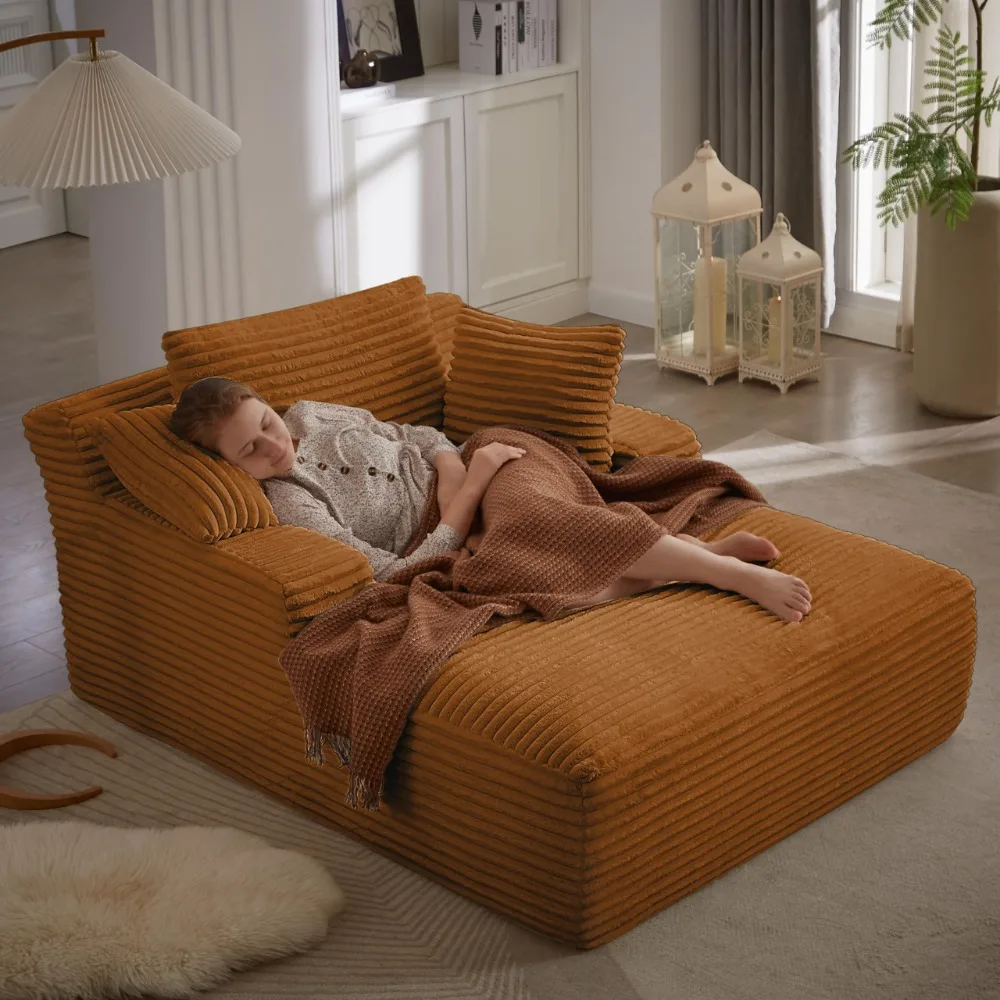 

Oversized Chaise Lounge Chair, Comfy Corduroy Fabric Single Sofa Chair, Upholstered Reading Lounge Chair with Pillows