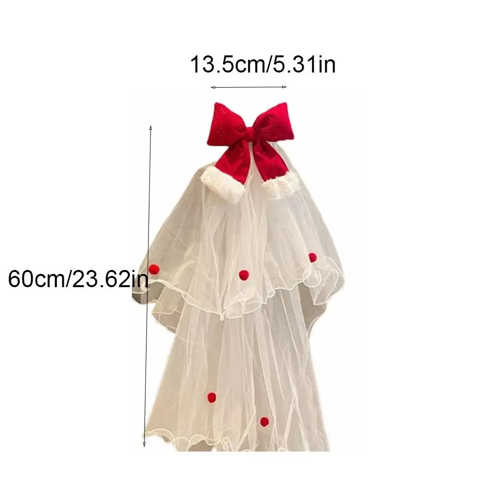 Elegant Red Christmas Veil Headband Velvet Hair Band Bridal Tulle Photo Props Mesh Bow Veil Birthday Headdress