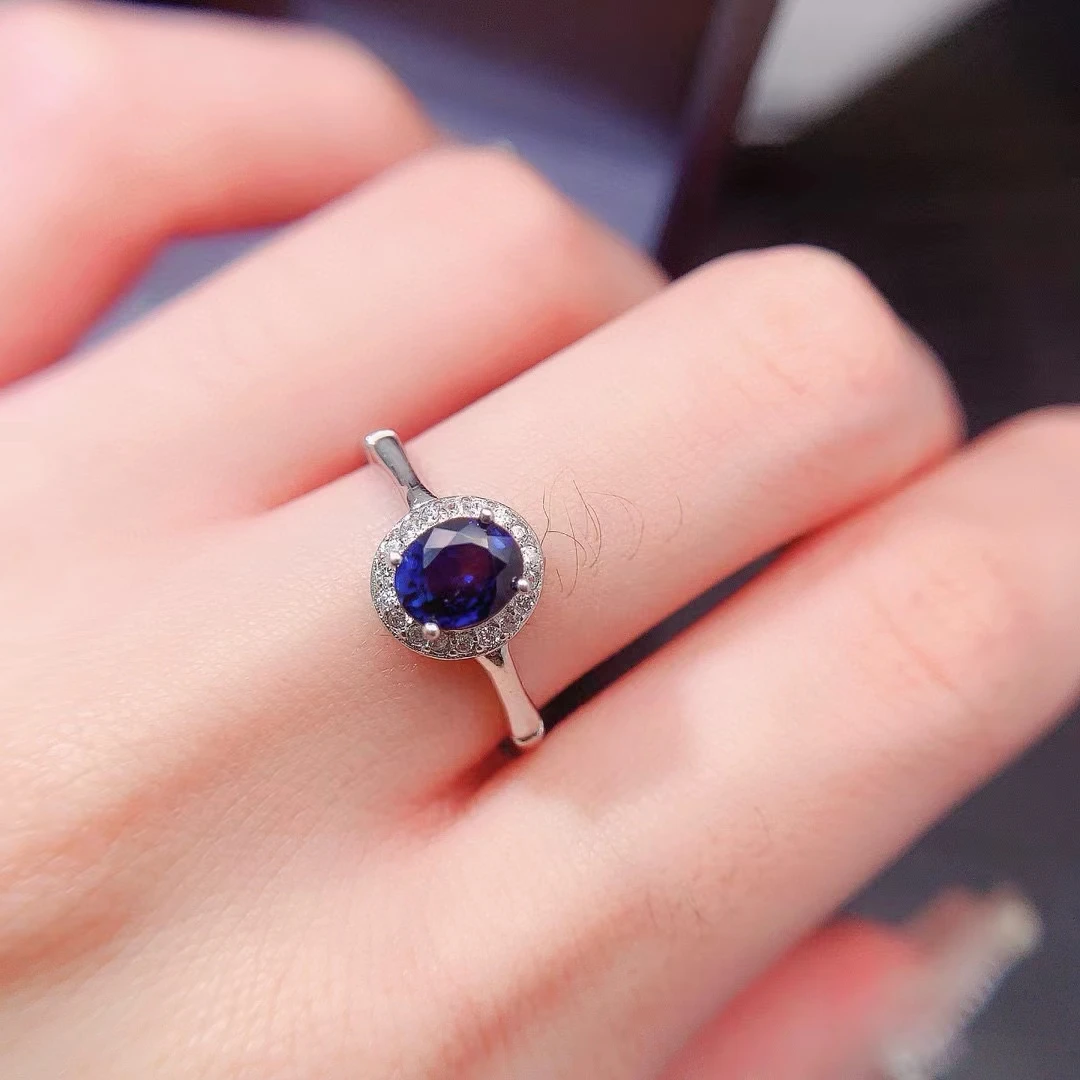 

Solid 925 Silver Royal Blue Sapphire Engagement Ring for Woman 5*6mm 0.6ct Natural Sapphire Ring with 3 Layers 18K Gold Plated