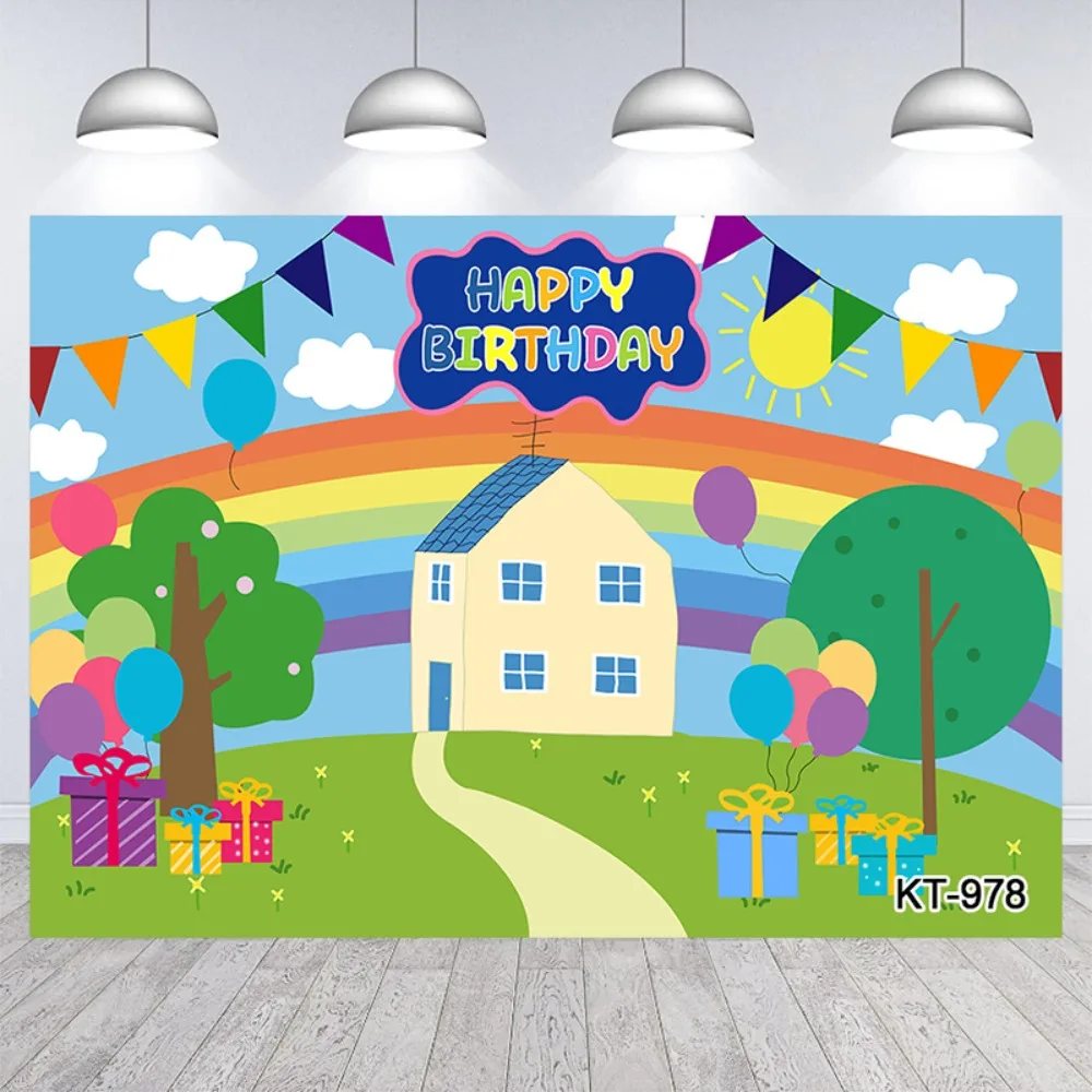 2D-Banner 1-teilig, farbiges Cartoon-Schwein mit Haus „Happy Birthday – himmelblauer Fotohintergrund, Teenager-Dusche-Party-Dekoration