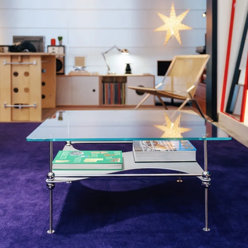 Arc stacked square coffee table, tempered glass metal minimalist medieval Bauhaus style side table