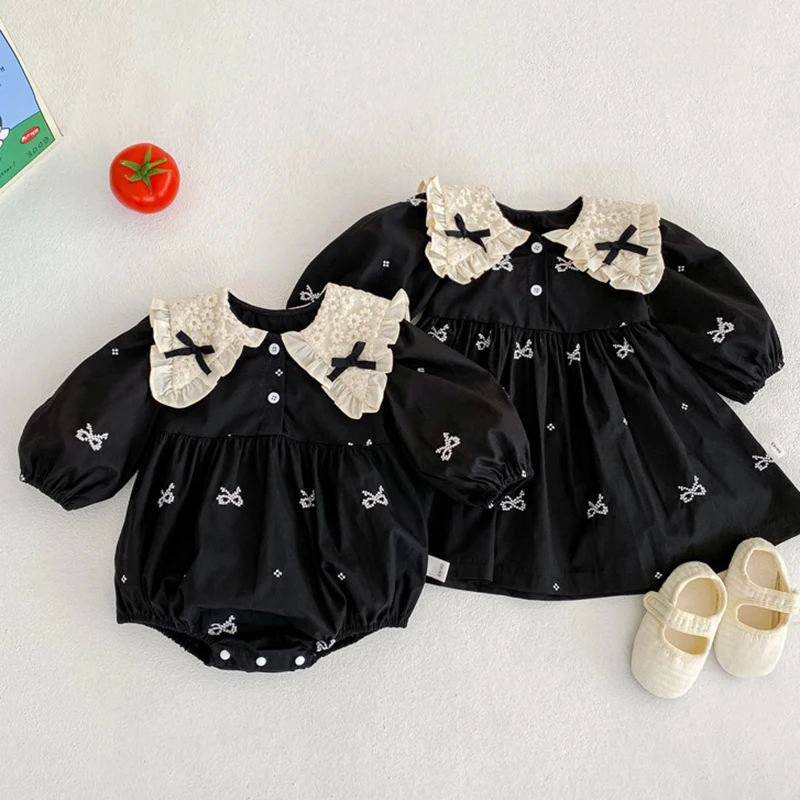 Sister Clothing Autumn Spring Kids Princess Dresses Baby Girls Rompers Long Sleeve Cotton Embroidery Children Clothes