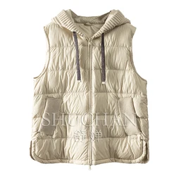 90% White Goose Down Knitted Hooded Vest Down Jacket Women Casacos De Inverno Feminino 2024