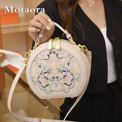 MOTAORA Bolso de hombro redondo pequeño para mujer, bolso floral bordado de cuero hecho a mano para adolescentes, bolsos cruzados