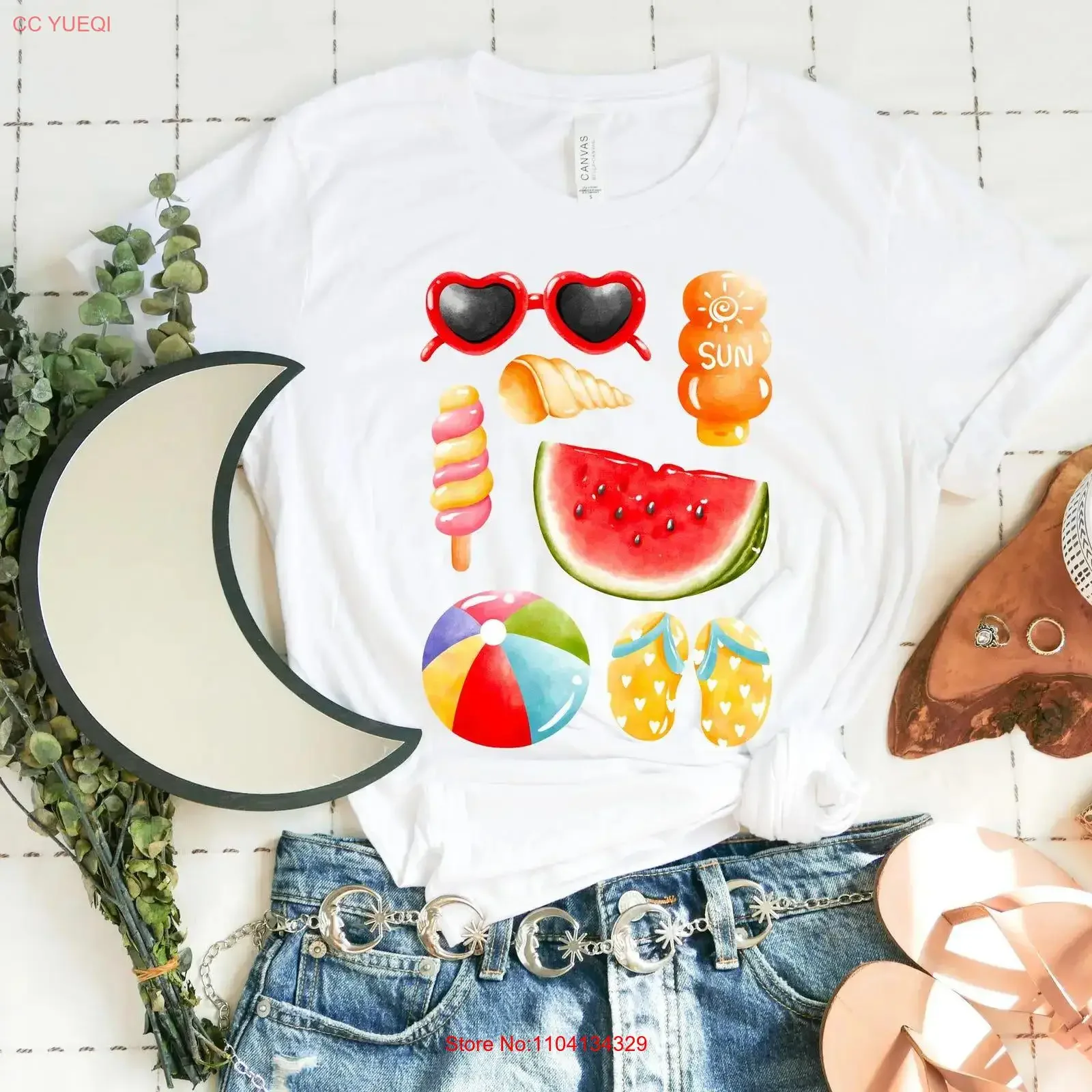 Summer Vibes Beach T Shirt Sunshine Apparel Seashell Flip Flops Watermelon Sun Beachball vintage Washed Stretched Versatile
