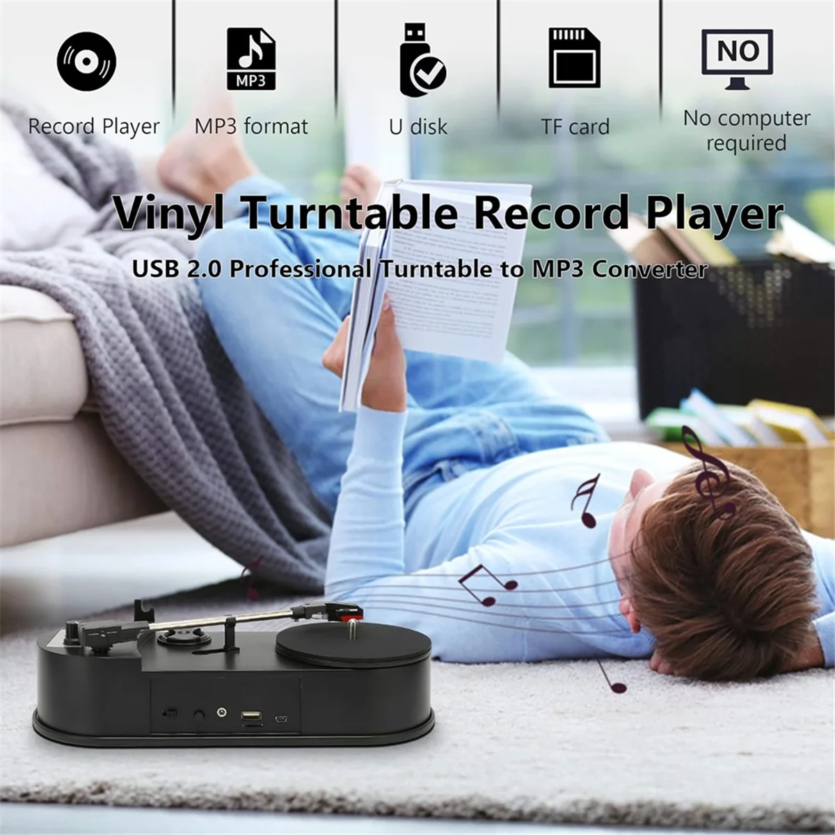T85C แบบพกพา Phonograph 33/45RPM เครื่องเล่นแผ่นเสียง Converter บันทึกไวนิลเพลง MP3 TF Card/USB ลําโพงในตัว