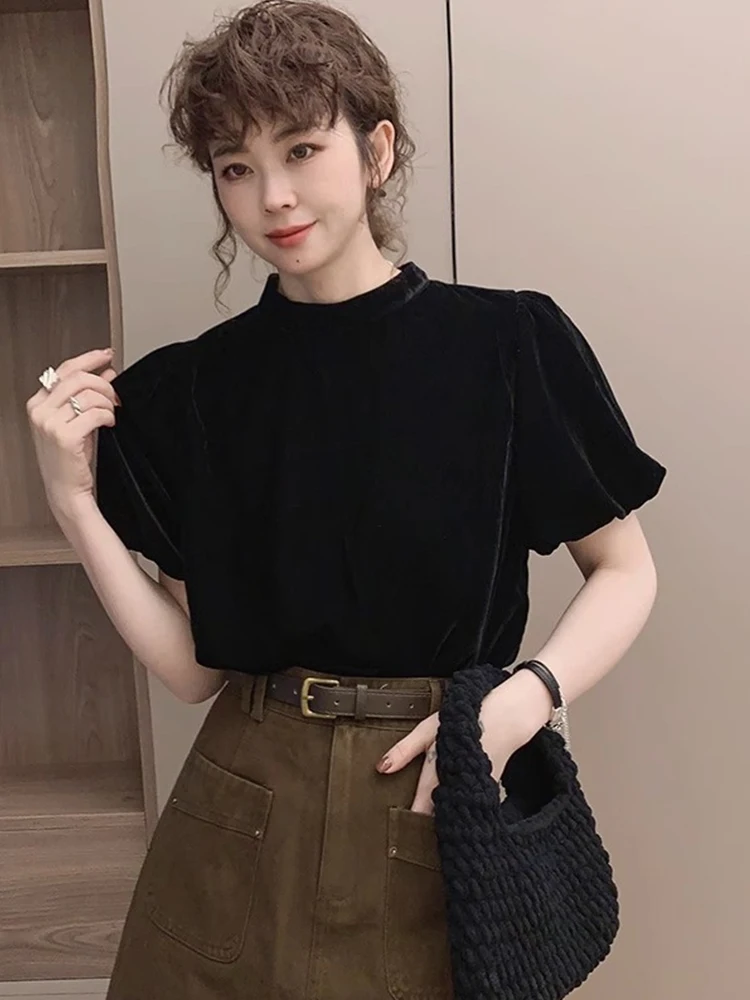 Slimming Velvet Bubble Sve T-irt Comfortable Versatile Women's Base irt Korean Sle round Ne ort Sve Top