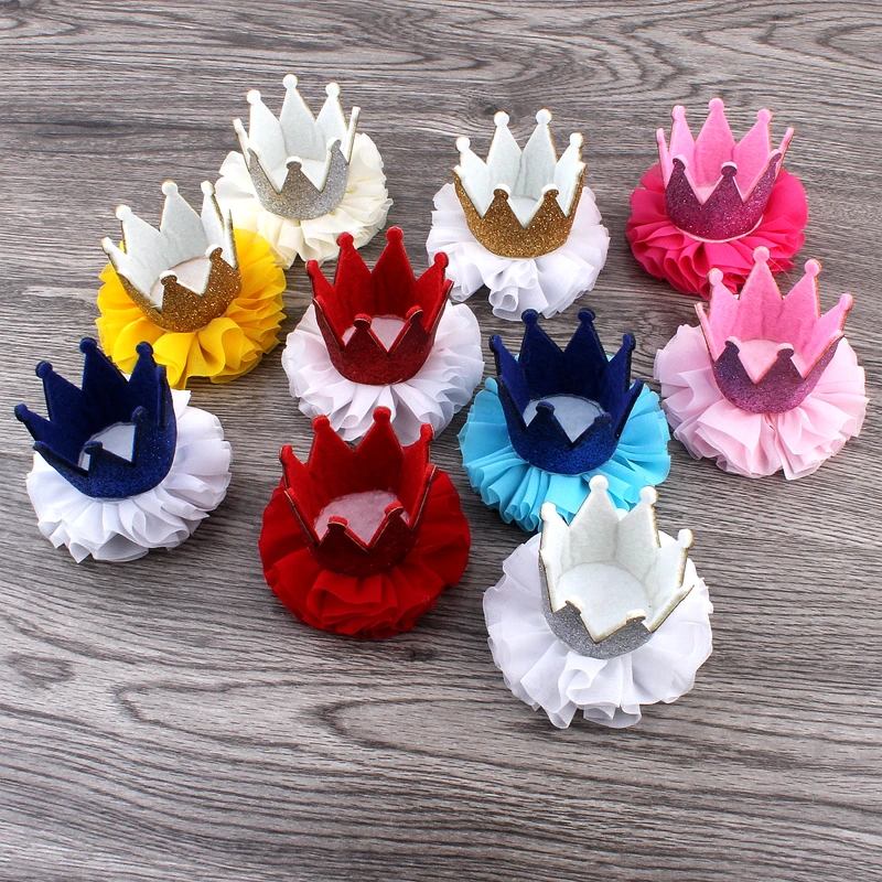 

120pcs/lot 10color Newborn 3D Felt Baby Crown+Chiffon Flower for Girl Hair Accessories Glitter Felt Crown For First Birthday Hat