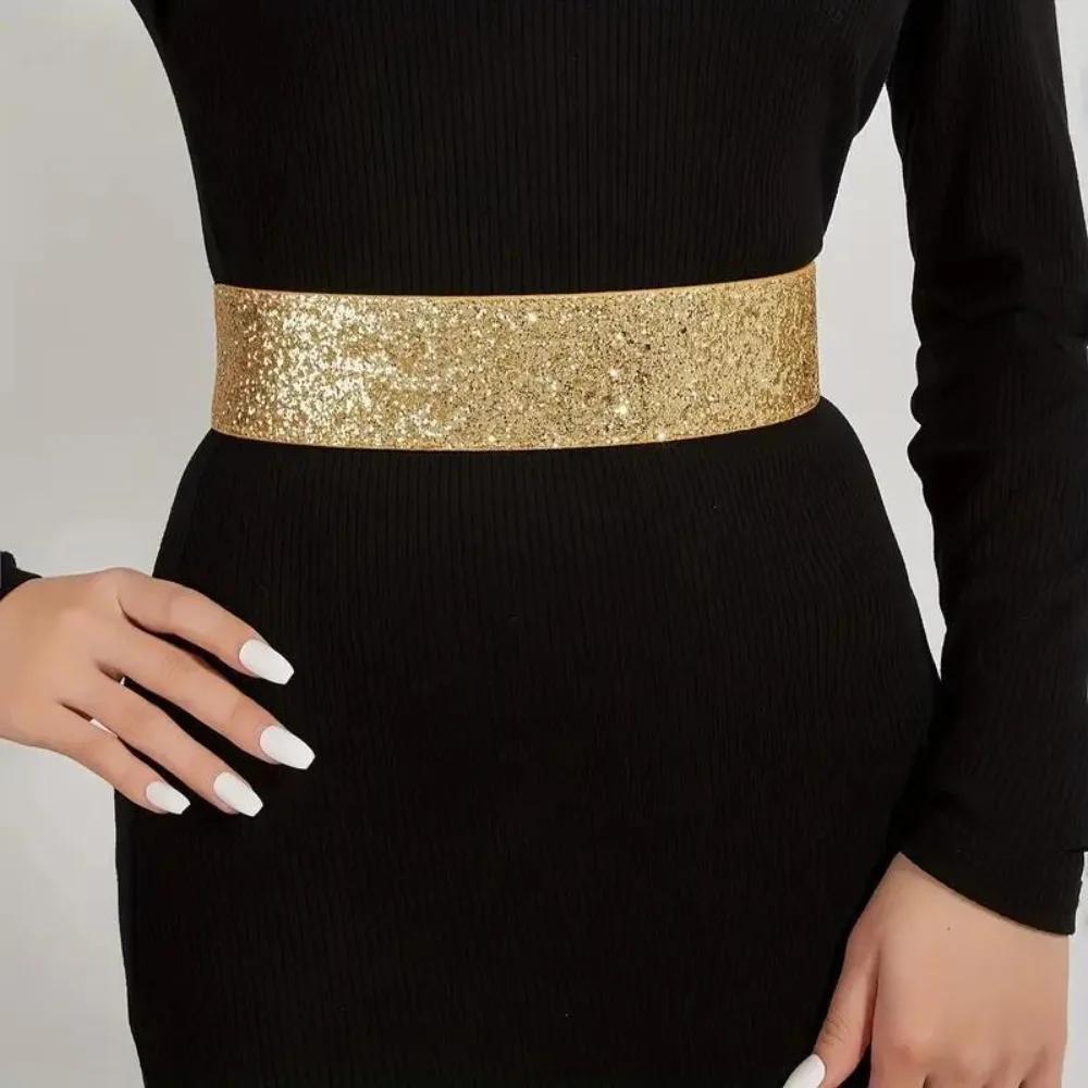 High Quality Solid Color Rhinestone Waist Belt Wide Stretchy Dress Belt Shiny Sparkle Party Belts for Women