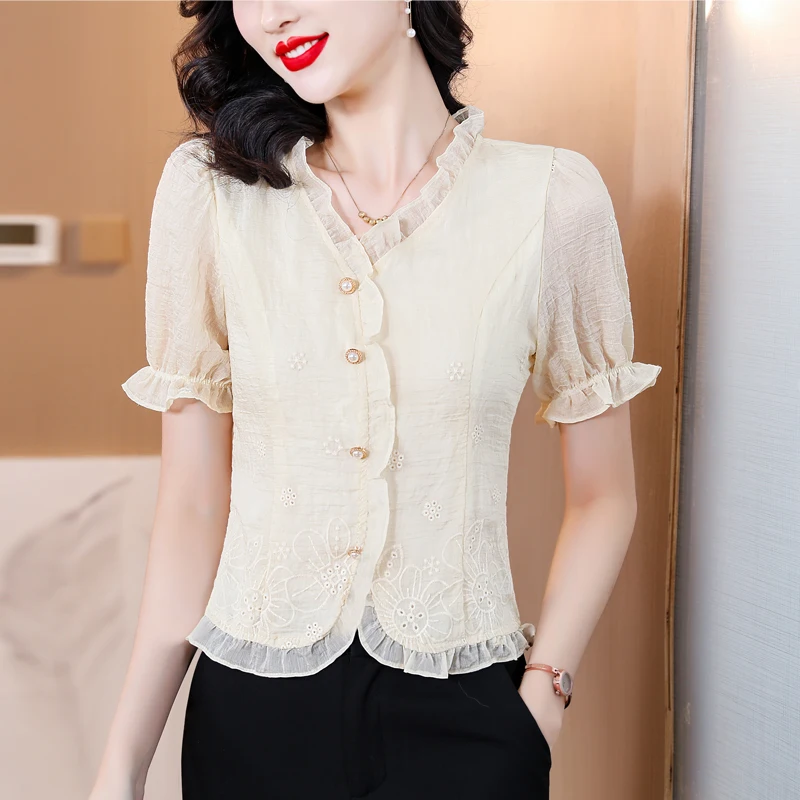 2025 Summer New Sweet Blouse Women V-neck Lace Splicing Short Sleeve Shirt Slim Breasted Shirt for Women Elegant Female Clothing