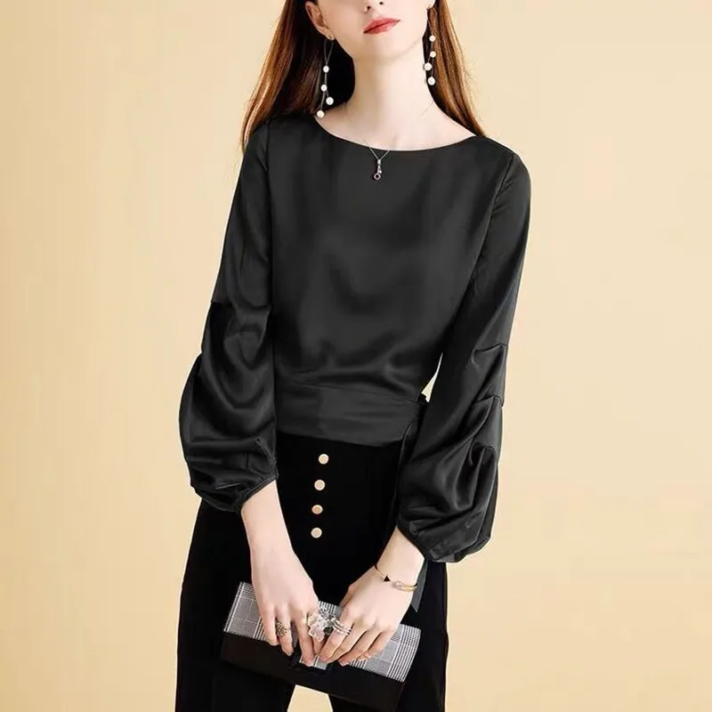 Spring Autunm Elegant Women Acetate satin Shirts vintage Lantern Long Sleeve Office Ladies ice silk Blouse Plus size Tops