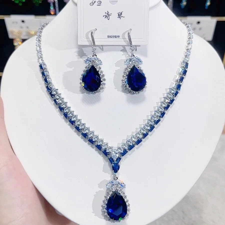 

zircon luxury jewellery woman jewelry sets Women's earrings necklace for girls blue water droplet set live streaming hot item