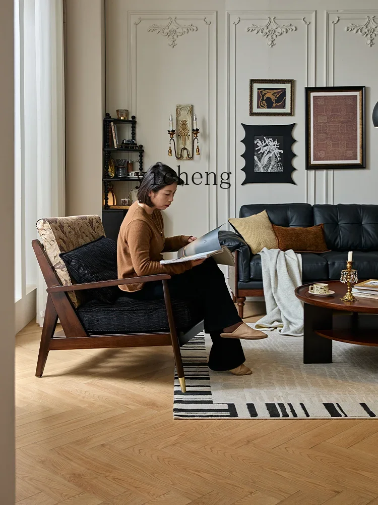 ZZ  Retro Solid Wood Lazy Sofa Chair Small Apartment Bedroom Living Room Chair