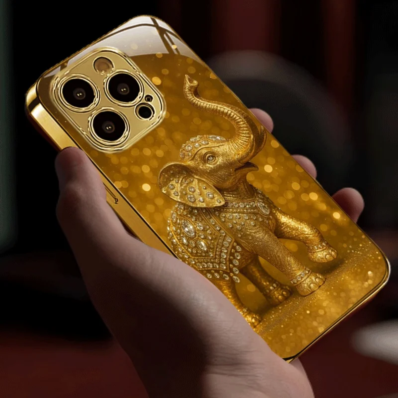 Diamond-encrusted gold elephant pattern new electroplated glass mobile phone, suitable for iPhone 17, 16, 15, 14, 13, 12, 11,etc