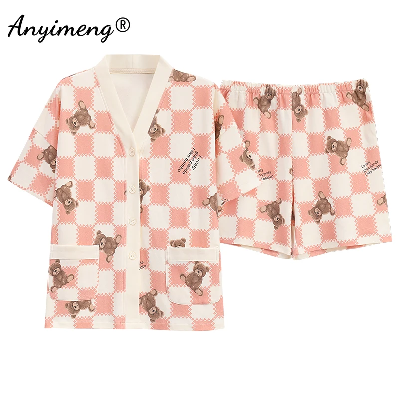 Summer Women Cotton Pajamas Set Kimono V-neck Casual Sleepwear Leisure Loungewear Cute Cartoon Girls Pijama Plus Size Homewear