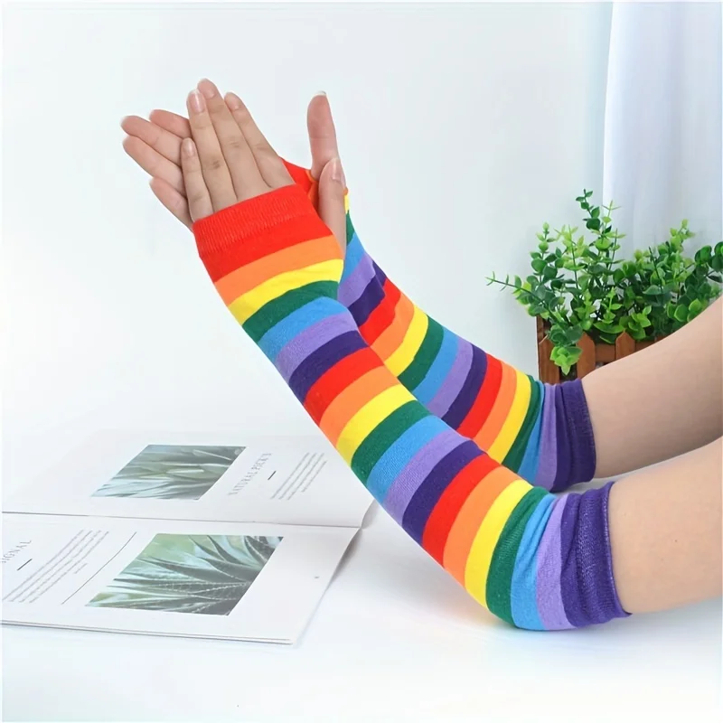 New Fashion Long Glove Arm Cover Classic Rainbow color Striped Fingerless Elbow Gloves Warmer Knitted Long Wristband