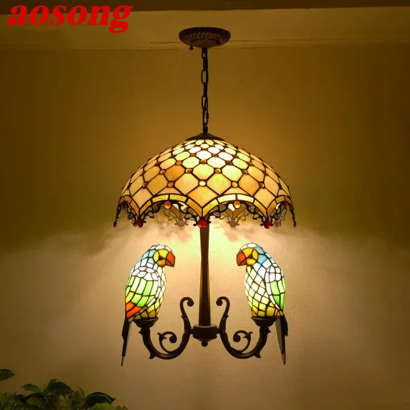 AOSONG Tiffany Parrot Chandelier Vintage Creative Color Glass Living Room restaurant Bedroom Hotel Corridor Pendant Lamp