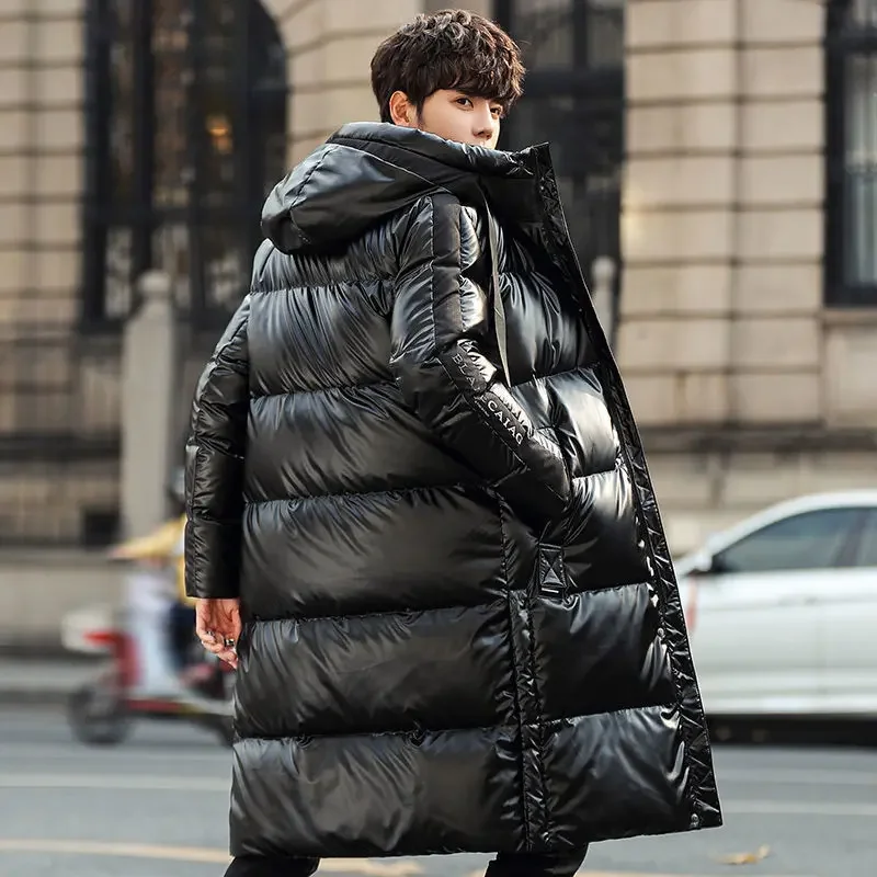 Fashion Men Down Jacket Long Parka Coat 90% White Duck Down Coat Men Winter Outwear Glossy Jacket Hooded Thick Warm Overcoat