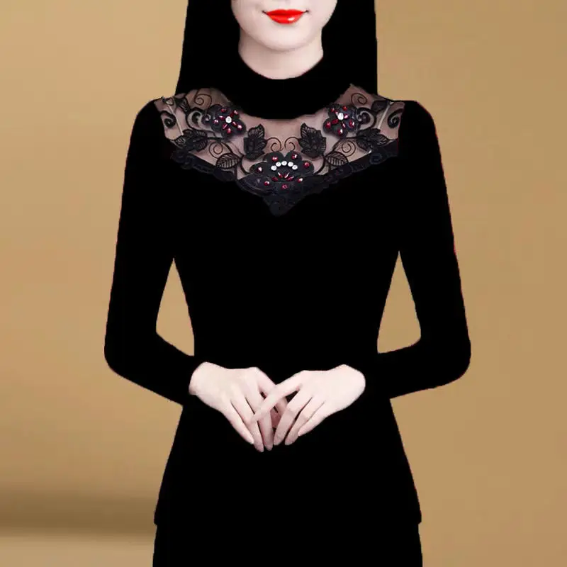 Fleece Lined Mesh Hollow out Thick Long Sleeve T-Shirt Women's Base Shirt Half Collar Black Lace Warm Top Commute Style Korea...