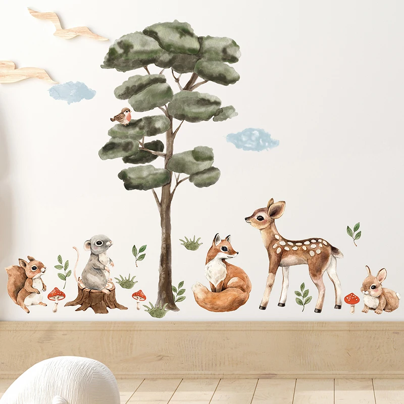 Watercolor Cartoon Tree and Forest Animals Deer Fox Bunny Wall Stickers for Kids Room Baby Nursery Room Wall Decals Home Decor