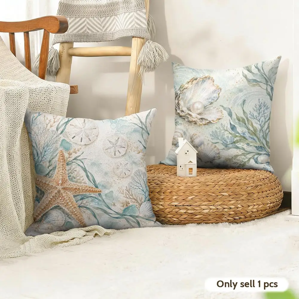 Coastal Shell Reverie Cushion Cover Natural Linen Double Sided Print  Throw Pillow Case for Sofa Couch Home Decor