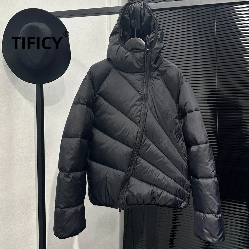 High Street Quilted White Duck Down Diagonal Zipper Hooded Lightweight Jacket Men and Women Fashionable and Warm Down Jacket