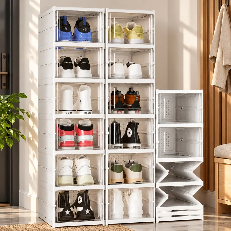 Clear Stackable Shoe Storage Box, 3-Tier Foldable Organizer with Dust Protection for Sneakers