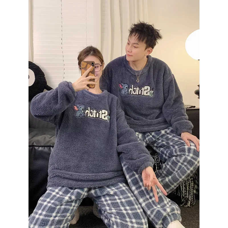 Cartoon Stitch couple pajamas set winter plush long-sleeved trousers two-piece set men\'s/women\'s loungewear women\'s pajamas