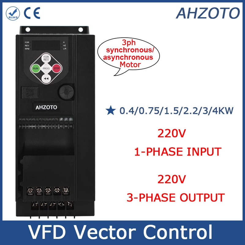 

220V VFD 0.4/0.75/1.5/2.2/3/4KW 3 Phase Vector Frequency Converter Adjustable Speed Drive Variator Frequency Inverter