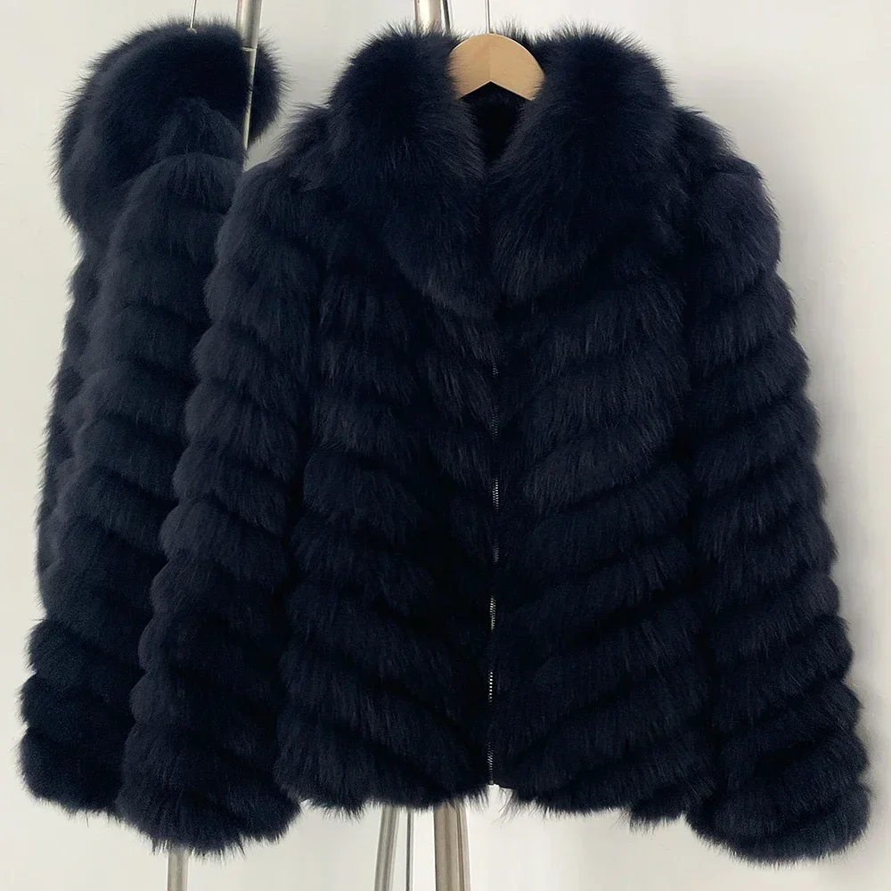 OFTBUY Neue Herbst-Winter-Oberbekleidung für Damen, Wendbare Stehkragen-Jacke aus echtem Fuchsfell, Chevron-Schnitt, kurze, abgeschnittene Naturpelzjacke – Detail 2
