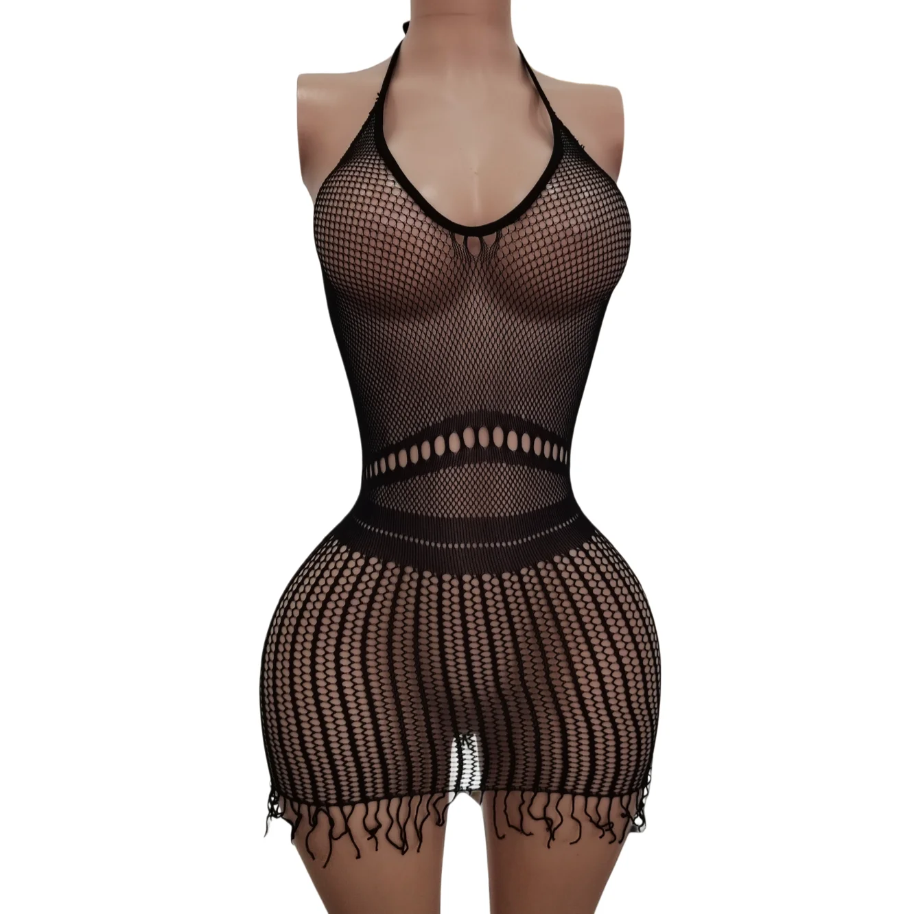 

Women's Sexy Tassel Trim Off-Shoulder Net Dress Black Backless Elastic Comfortable Elastic Comfortable Romantic Sleepwear
