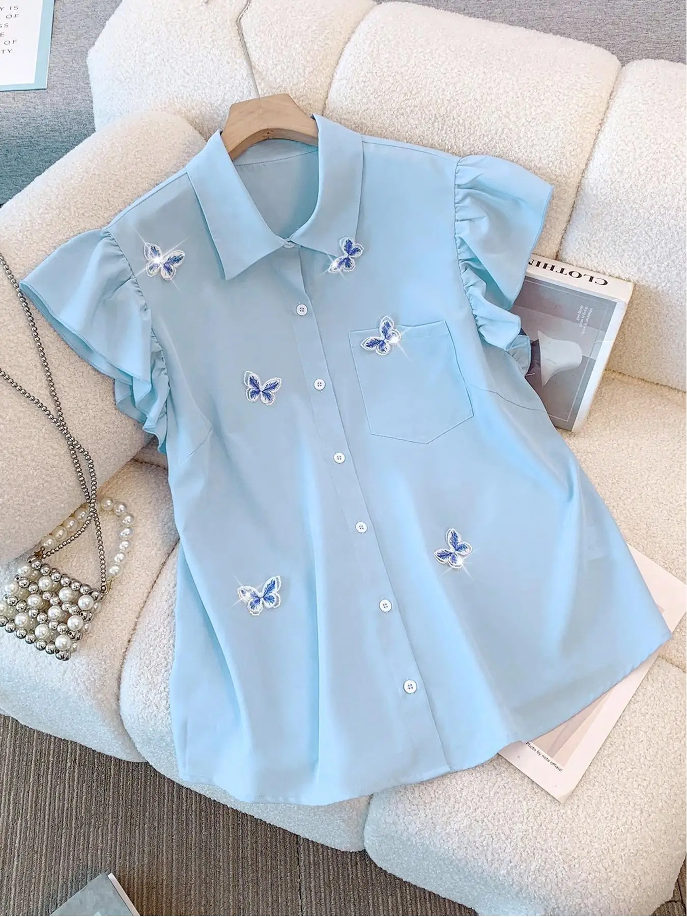 

【Plus Size】Butterfly Embroidery Shirt, Casual Collared Top for Daily Wear, Women's Plus Clothing for All Seasons