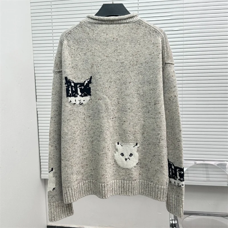 Women\'s sweater New elastic knitted round neck pullover for autumn 2024 Cat jacquard long sleeved top cotton blend knitwear y2k