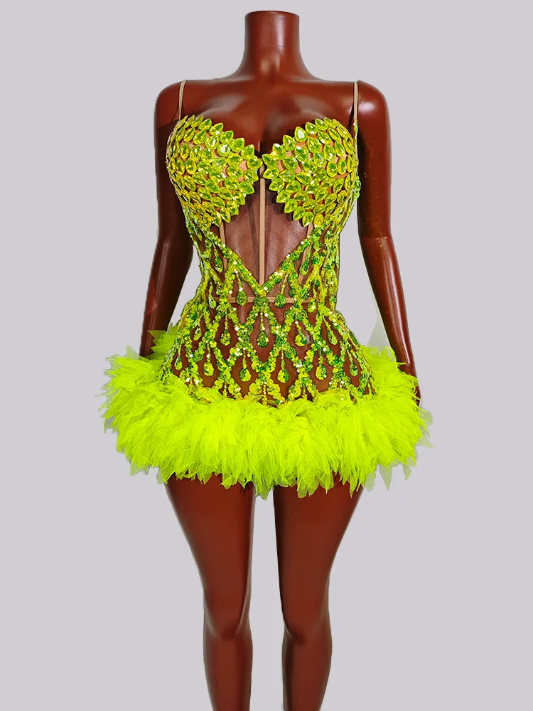 

Stage Clothes Sequin Yellow Rhinestone Dress 2 Piece Mesh Drag Queen Outfit NightClub Performance Costume Gogo Dance Wear Party