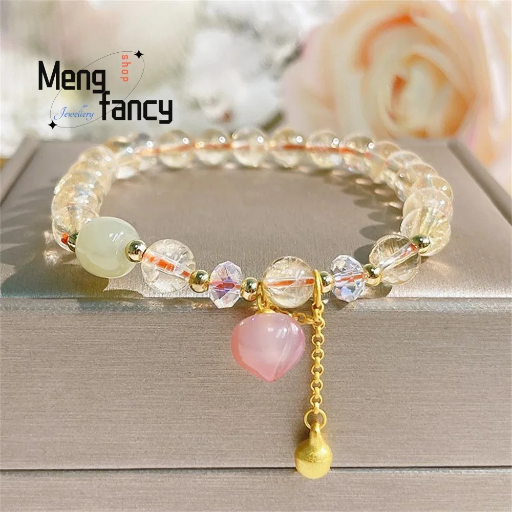 Natural Salt Source Agate Cute Cat Claw Bell Fringe Pendant Fortune Citrine Beaded Bracelet High-grade Exquisite Fashion Jewelry