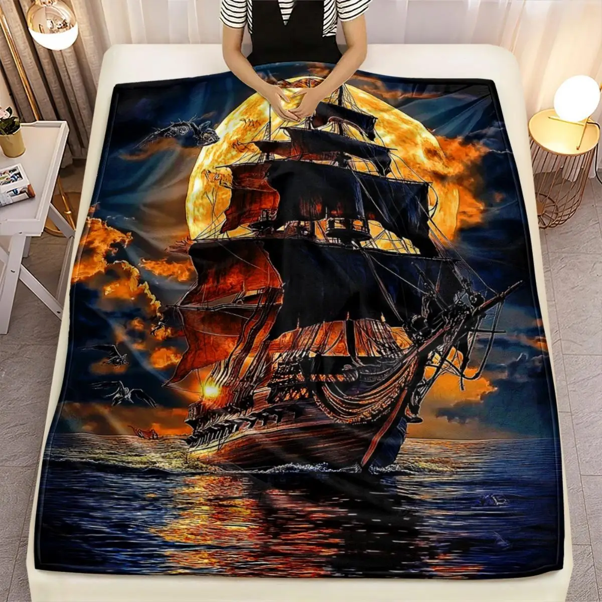 Pirate ship with moon pattern Flannel printed blanket suitable for all seasons suitable for living room office sofa and travel