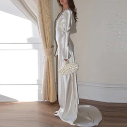 White Satin Long Sleeved Slim Evening Dress Sexy Hollow Out Backless Mermaid Robe Dress New Autumn Women O Neck Fashion Dresses