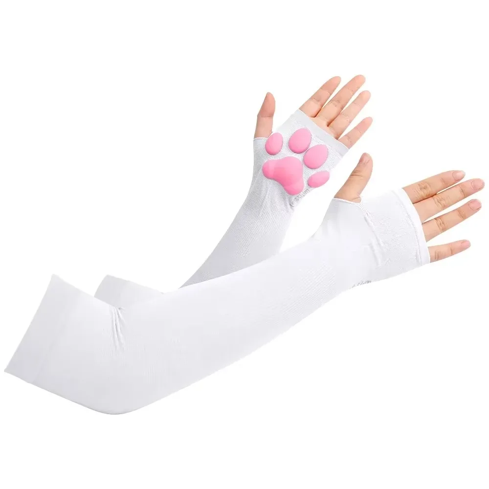 Cute 3D Silicone Pink Cat Claw Paw Pads Soft Fingerless Fluffy Sun Protection Cool Sleeves Cute Gloves Long Tube for Women