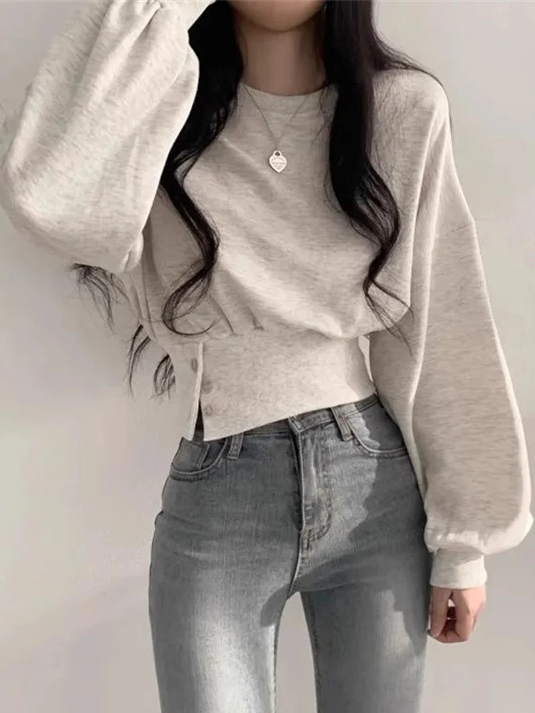 Autumn Long Sleeve Tops Women Korean Fashion Crop Sweatshirt Female Vintage Casual Buttons Up Sweatshirts Chic Hoodies Ladies