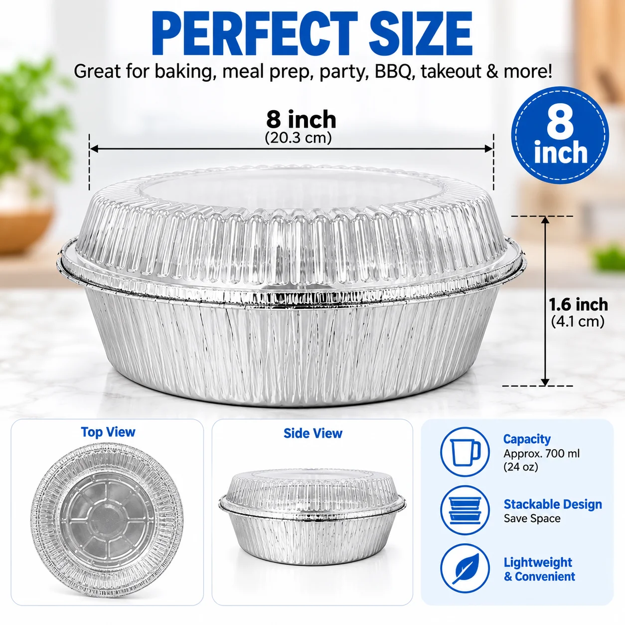 20 Pack 8 Inch Round Aluminum Foil Pans with Clear Lids Heavy Duty Disposable Baking Tins for Food Prep, Roasting, Takeout & Catering