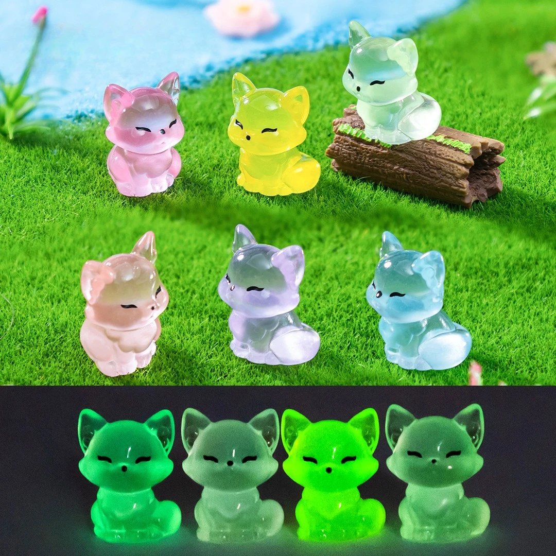 6Pcs Creative Luminous Fox Mini Figurines Accessories DIY Decor Mini Ornaments for Desktop Car Micro Landscape Craft Supplies