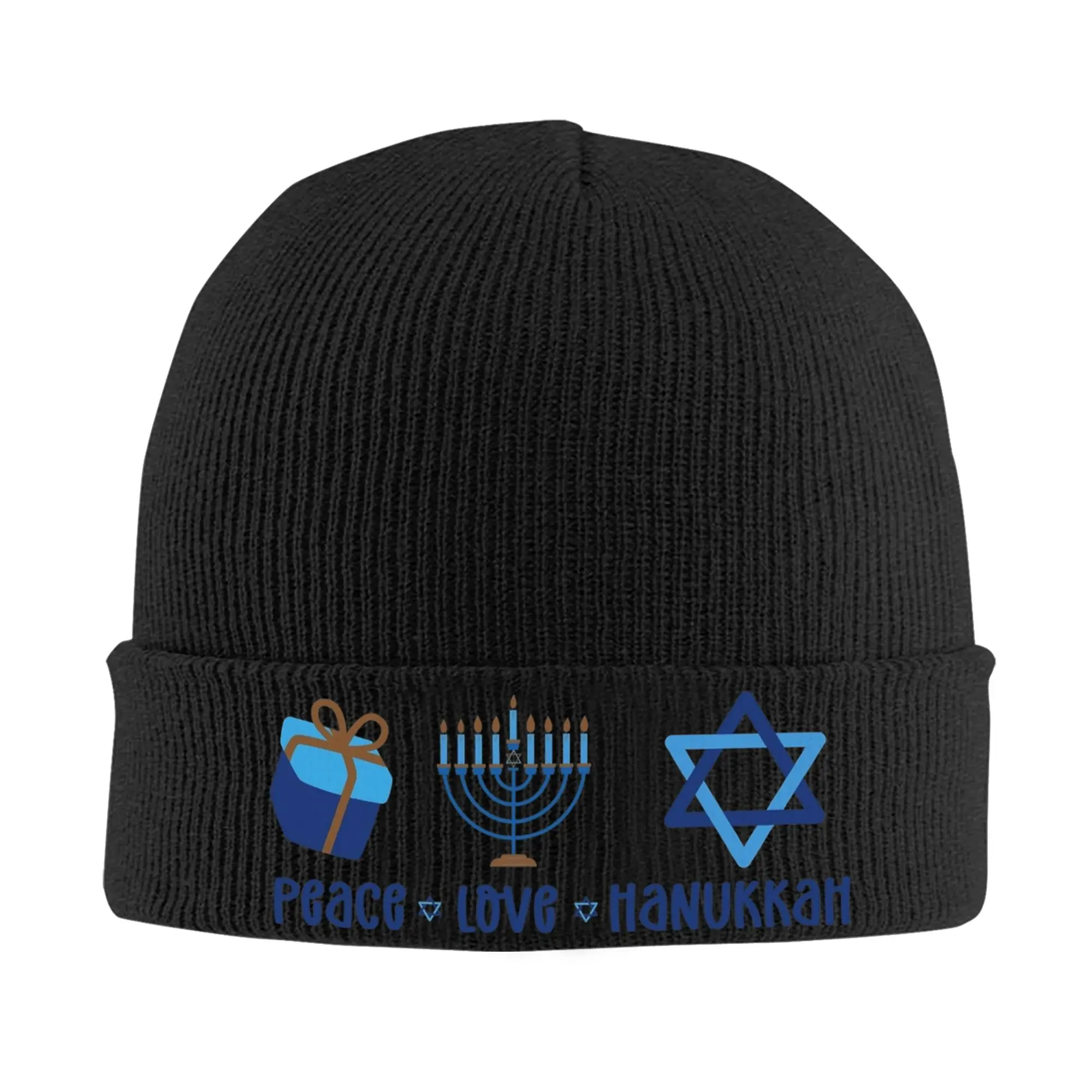 Hanukkah Peace Love Knitted Caps for Women Men Skullies Beanies Winter Hat Acrylic Menorasaurus Jewish Crochet Cap