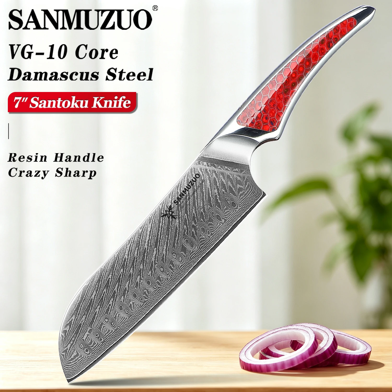 SANMUZUO LAS9 Series 7 Inch Santoku Knife‑Damascus Steel Razor Sharp Kitchen Knife‑All‑Purpose Chef Knife for Meat Vegetable Fruit‑Non‑Slip Comfort Resin Handle