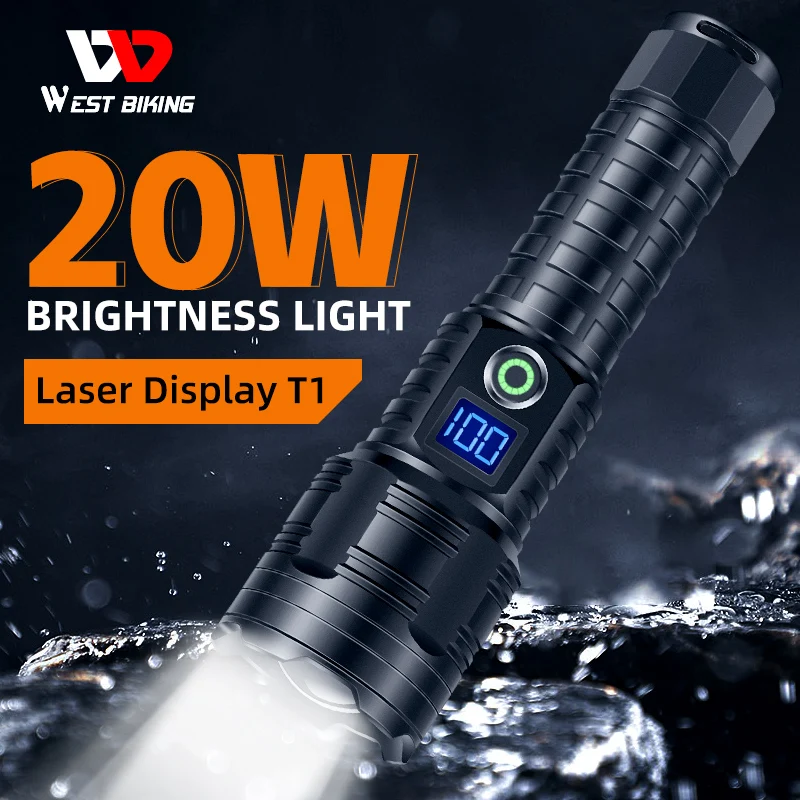 

WEST BIKING Tactical Flashlight Camping Hiking Telescopic Zoom Highlight Torch Power Bank Outdoor Hunting Survival Safety Hammer